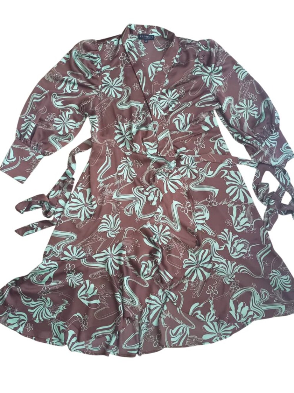 Eloquii Brown Turquoise Floral Mini Dress - Ruffle Hem Puff Sleeve Dress, Size 1